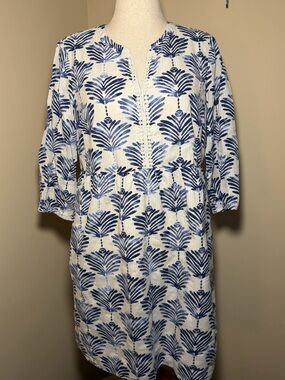 J Jill Dress Womens Medium Blue White Floral Cotton Tunic Fully Lined Boho